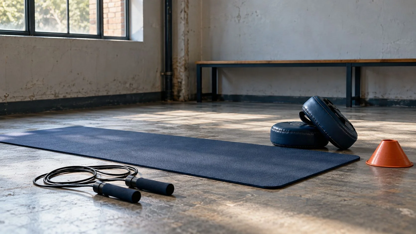 Trainingsraum mit Matte, Springseil und Pads